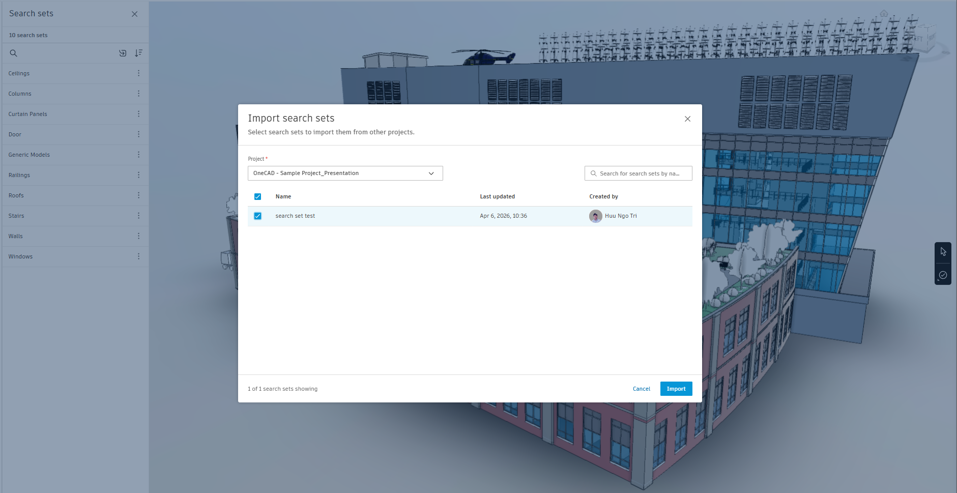 Hộp thoại Import Search Sets từ dự án khác
