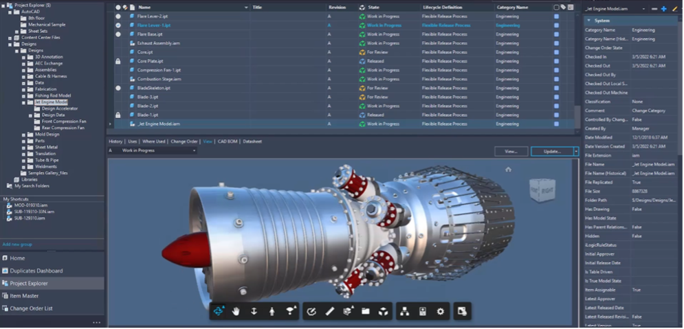 Giao diện Autodesk Vault hỗ trợ quản lý Revision, trạng thái Lifecycle và dữ liệu thiết kế trong một môi trường tập trung.